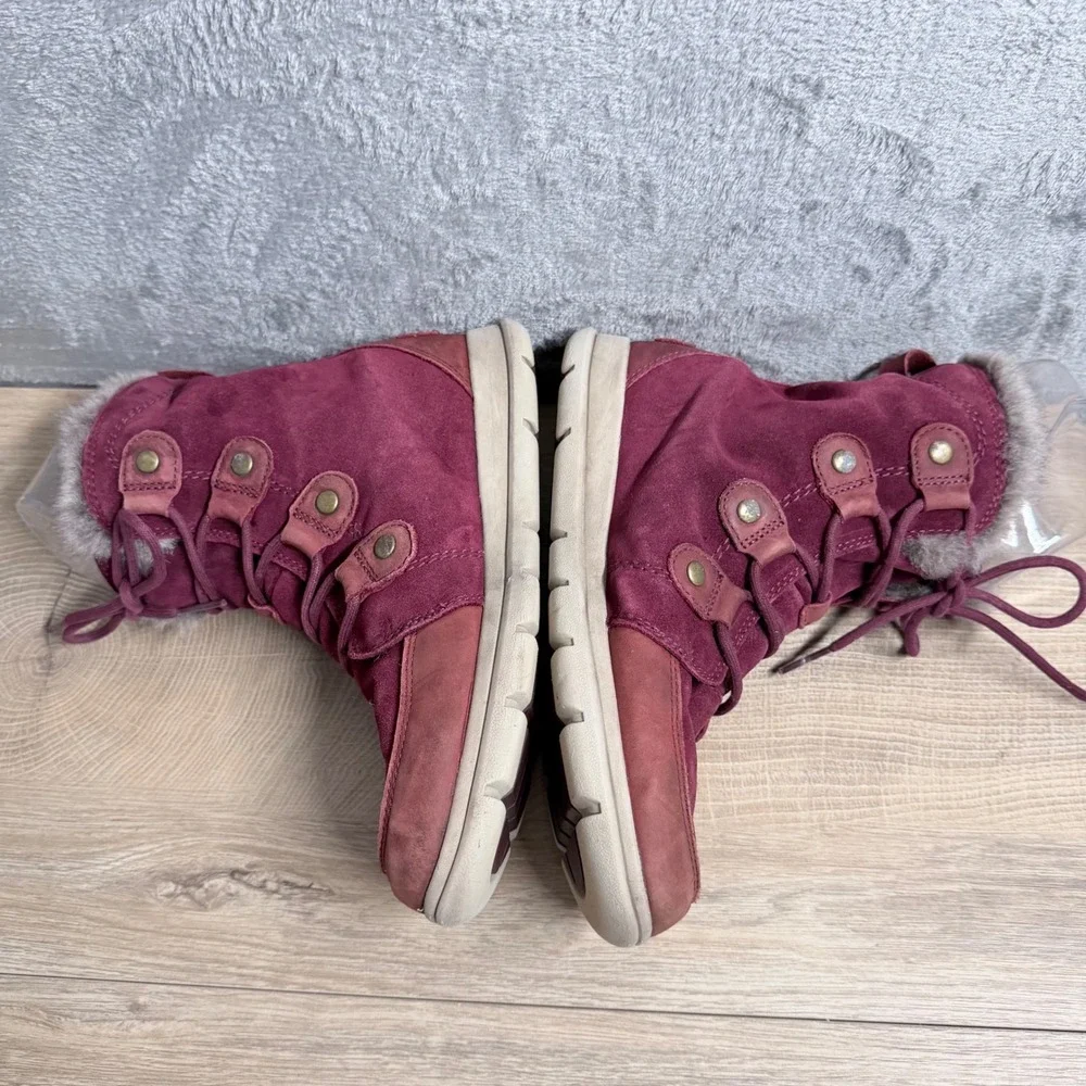 Sorel Explorer Joan Boots Women‎ 10 Burgundy Waterproof Suede Faux Fur Lined